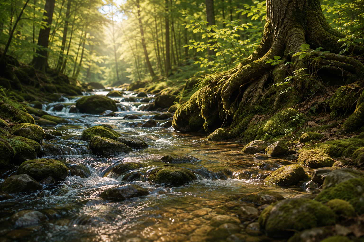 Bachlauf mit Wasserader in bewaldeter Landschaft