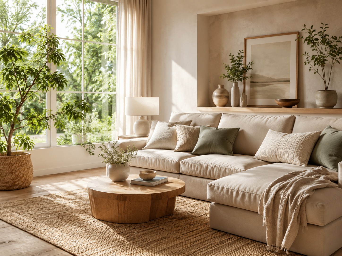 Helles Wohnzimmer mit Sofa und Pflanzen